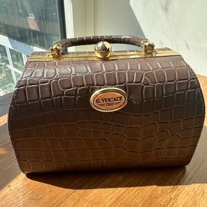 G. Versace Brown Croc-Embossed Top Handle Bag with Gold Hardware